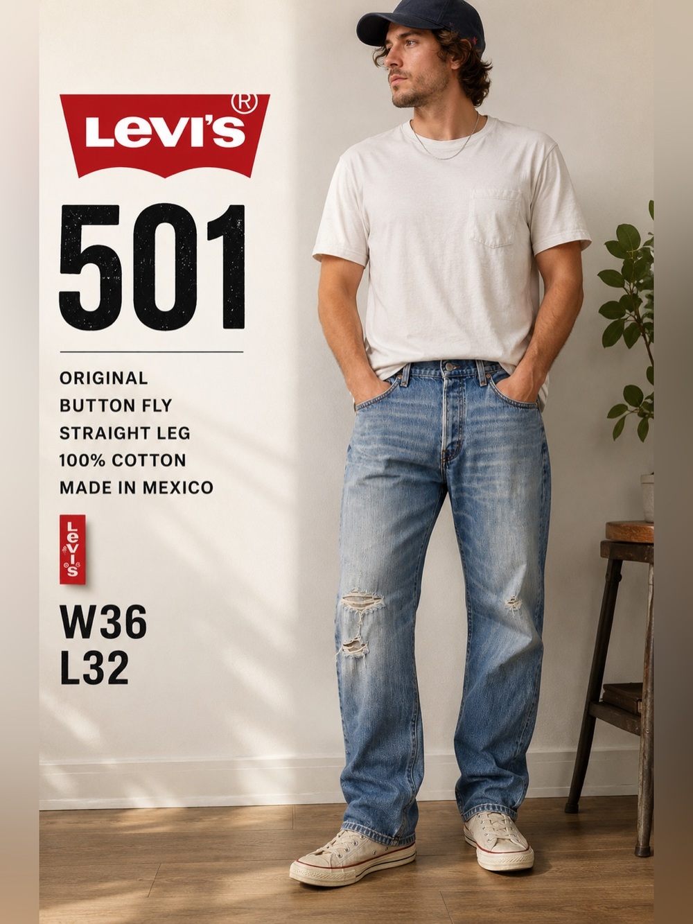 Levi’s 501 Men’s Jeans 36x32 Distressed Light Wash Button Fly Straight Leg